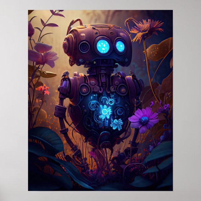 Blauer Glow Robot & Lila Blumen Poster (Vorne)