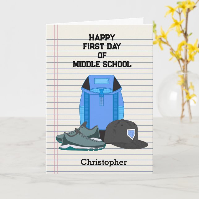 Blauer glücklicher erster Tag in der Mittelschule Karte (Gelbe Blume)