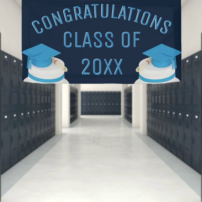 Blauer Glückwunsch Klasse Abschluss Banner (Congratulate the graduates with this graduation banner. Just add the year)