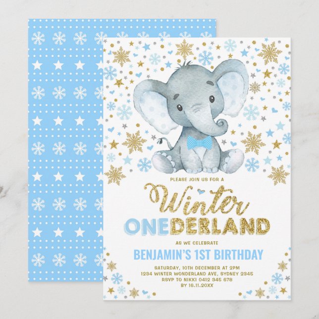Blauer Gold Elefant Winter ONEderland Schneeflocke Einladung (Vorne/Hinten)