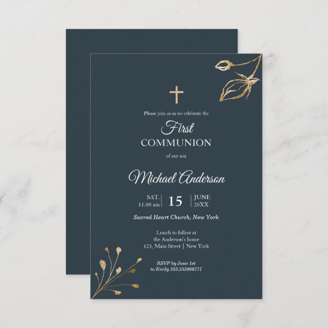 Blauer Gold erste Kommunion Religiöse Veranstaltun Einladung (Vorne/Hinten)