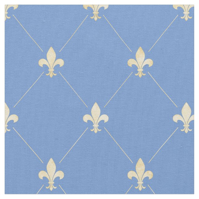 Blauer Gold Fleur-de-Lis (mittlerer Maßstab) Blau Stoff (Nahaufnahme)