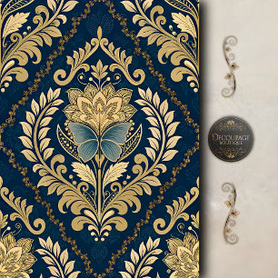 Blauer Gold Schmetterling Damast Dekupage Seidenpapier