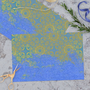 Blauer goldbedrückter Damaskus Muster Leinwand Tex Seidenpapier