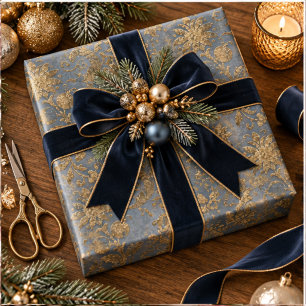 Blauer & goldener Damast-Faux-Samt für die Feierta Geschenkpapier
