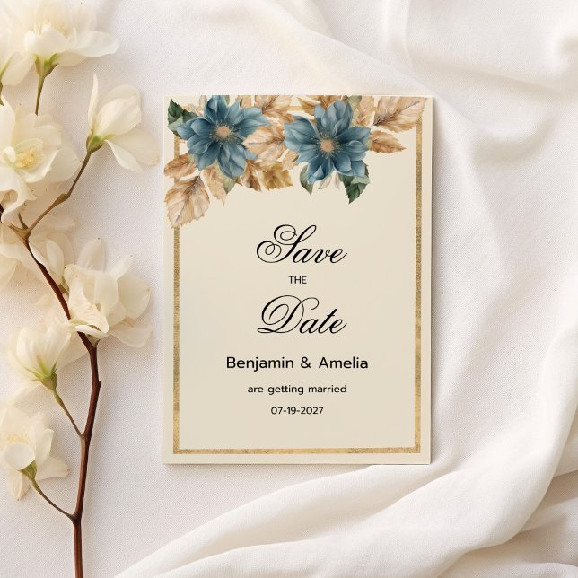 Blauer Goldfall aus Elfenbein, blumengeschmückt Sa Einladung (Blue ivory gold fall spring floral Save the Date)