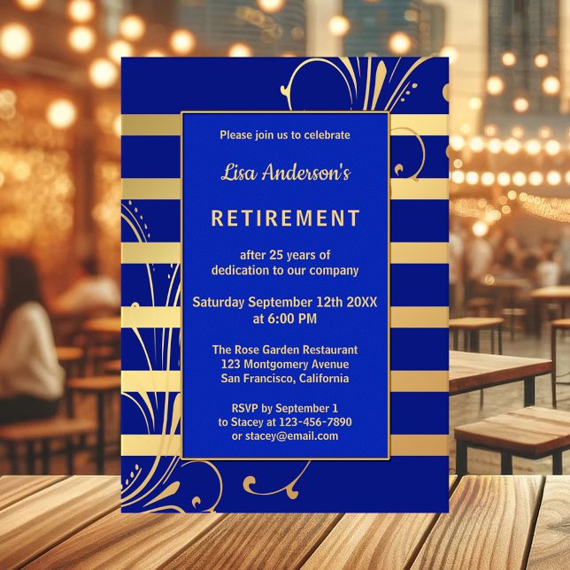Blauer goldfarbener Streifen Einladung zur Pension (Elegant retirement party invitation in navy and royal blue with gold stripes and floral designs)