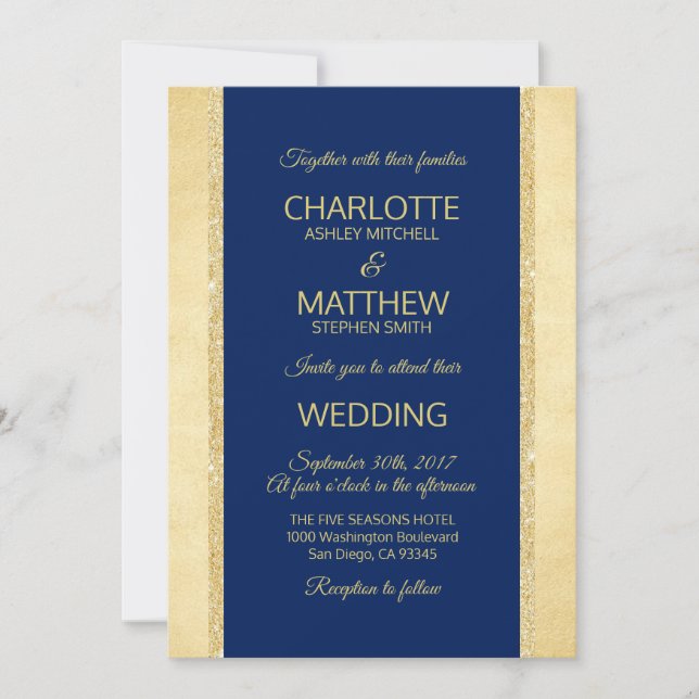 Blauer Goldfoil Glitzer Hochzeit Einladung (Vorderseite)