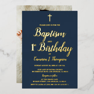 Blauer Goldkreuz Taufe 1. Geburtstag Foto Folien Feiertagskarte