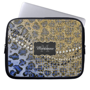Blauer Goldleopard-Tierdruck-Glitter-Blick-Juwel Laptopschutzhülle