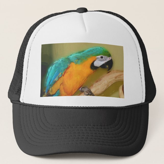 Blauer Goldmacaw-Papageien-Malerei-Hut Truckerkappe (Vorderseite)