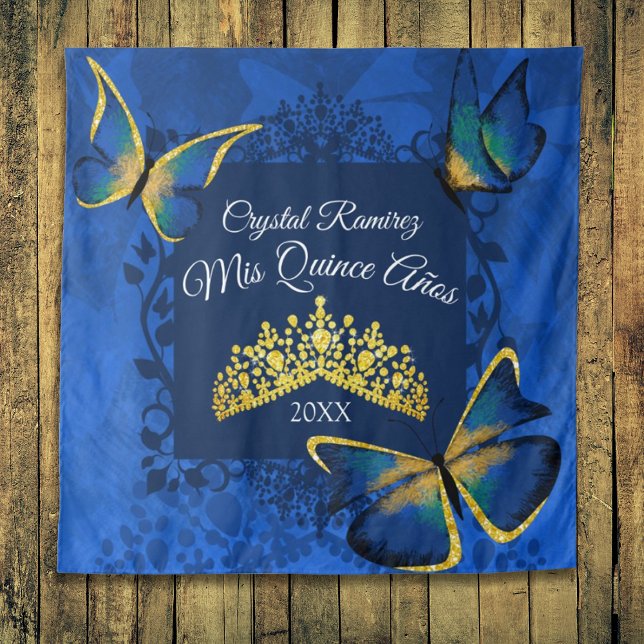 Blauer Goldschmetterling, Tiara Quinceanera Rücken Wandteppich (blue gold party drape tapestry quinceanera mis quince anos wall sign banner welcome to quinceanera)