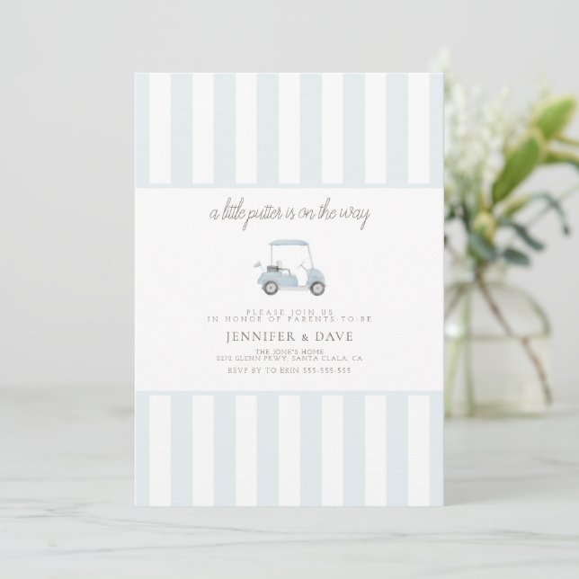 Blauer Golfwagen kleiner Putter auf dem Weg Einladung (Stehend Vorderseite)