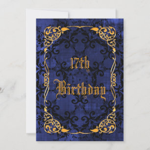Blauer gotischer u. Goldgerahmter 17. Geburtstag Einladung