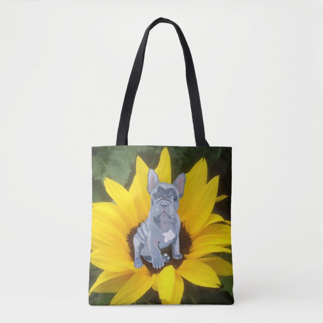 Blauer Grauer Bulldog Welpe und Sonnenblume (Vorderseite)