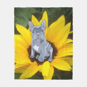Blauer Grauer Bulldog Welpe und Sonnenblume   Fleecedecke