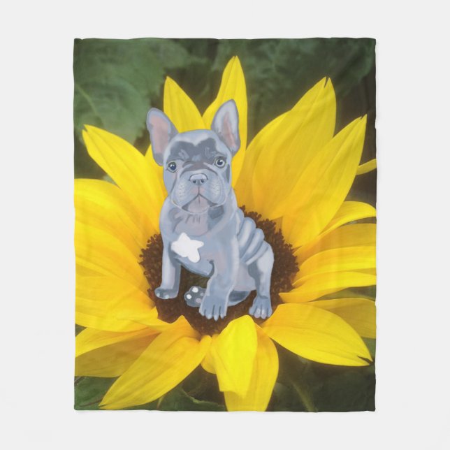 Blauer Grauer Bulldog Welpe und Sonnenblume Fleecedecke (Vorderseite)