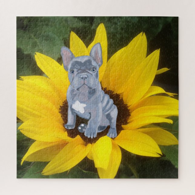 Blauer Grauer Bulldog Welpe und Sonnenblume Puzzle (Vertikal)