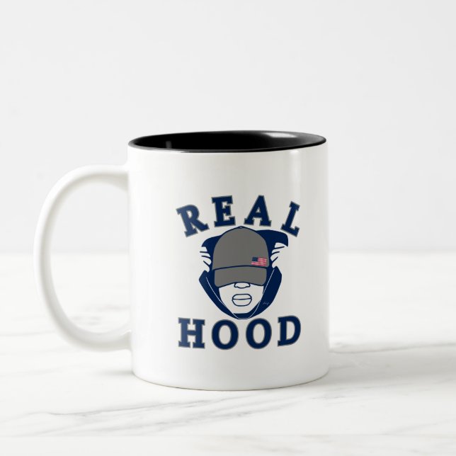blauer Grauer ECHTER HOOD TYP IN HOODIE Zweifarbige Tasse (Links)