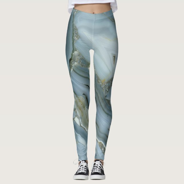 Blauer grauer Marmor mit Goldvene-Drawstring-Beute Leggings (Vorderseite)