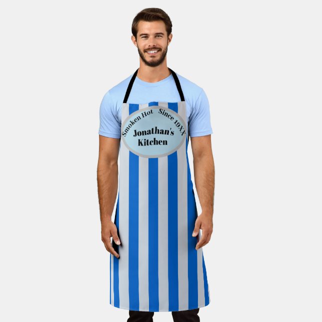 Blauer grauer Streifen, Personalisierter Name, Fun Schürze (Getragen)