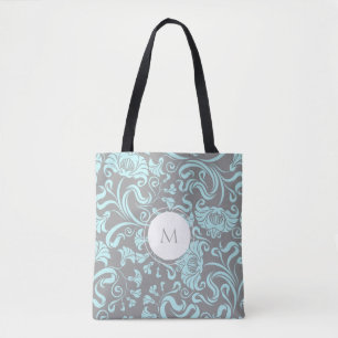 Blauer grauer Vintag floraler Muster Monogram Tote