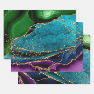 Blauer, Grüner & Lila & Gold Glitter Pfauenachat Geschenkpapier Set