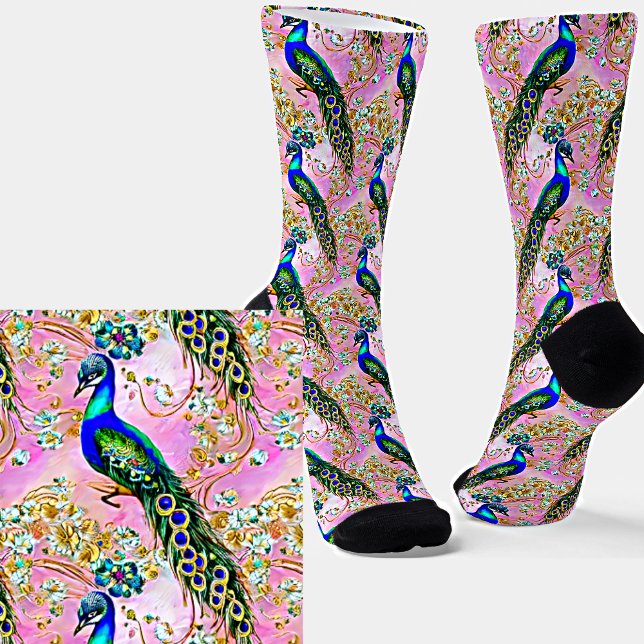 Blauer grüner Pfau, Gold auf Rosa Socken (Von Creator hochgeladen)
