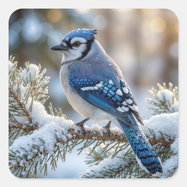 Blauer Häher auf einer schneebedeckten Kiefer sitz Quadratischer Aufkleber (Vorderseite)
