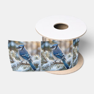 Blauer Häher auf einer schneebedeckten Kiefer sitz Satinband