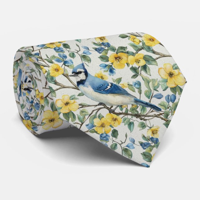 Blauer Häher in gelben Blüten Krawatte (Gerollt)