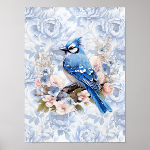 Blauer Häher mit Kornblumenblau und Rosa Floral Poster