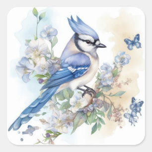 Blauer Häher Vogel Blumen Frühling Sommer Natur Quadratischer Aufkleber