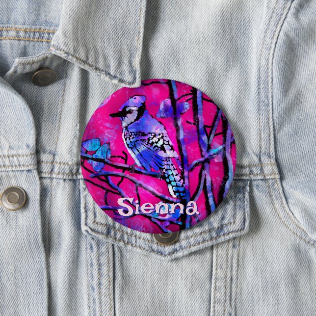 Blauer Häher-Vogelfeige Zweig Rosa Personalisiert  Button (Beispiel)