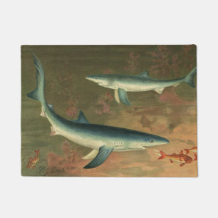 Blauer Hai beim Fressen von Fischen, Vintage Meere Fußmatte