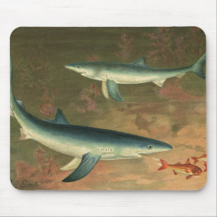 Blauer Hai beim Fressen von Fischen, Vintage Meere Mousepad