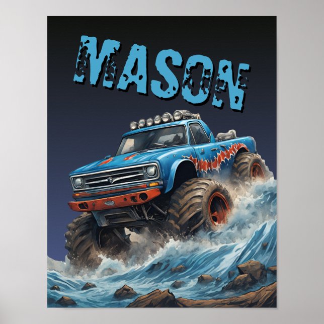 Blauer Hai Monster Truck Individuelle Name Poster (Vorne)