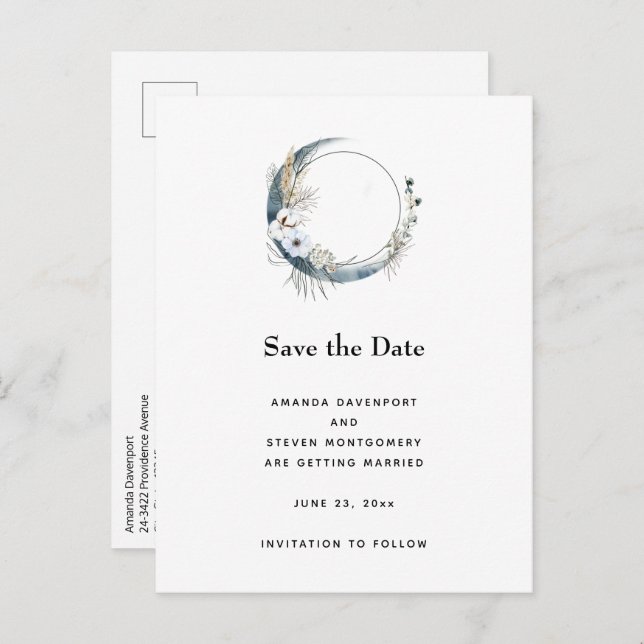 Blauer Halbmond mit weißen Blume Ankündigungspostkarte (Vorne/Hinten)