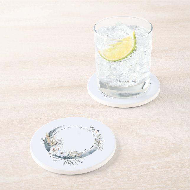 Blauer Halbmond mit weißen Blume Getränkeuntersetzer (Seite)