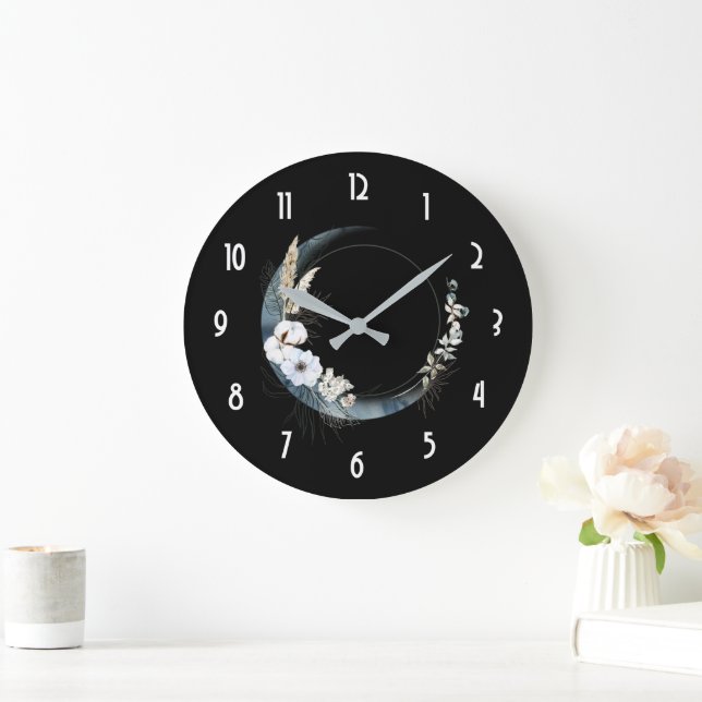 Blauer Halbmond mit weißen Blume Große Wanduhr (Zuhause)