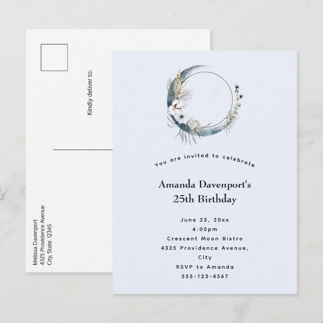 Blauer Halbmond mit weißen Blume zum Geburtstag Einladungspostkarte (Vorne/Hinten)