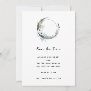 Blauer Halbmond mit weißer Blume Hochzeit Save The Date