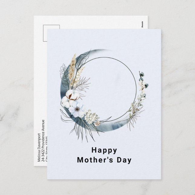 Blauer Halbmond mit weißer Blume Muttertag Feiertagspostkarte (Vorne/Hinten)