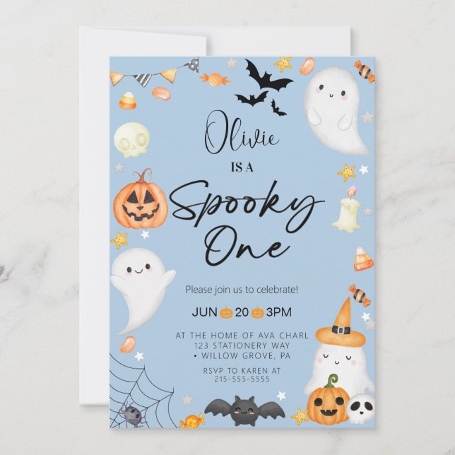 Blauer Halloween Ghost 1. Junge Geburtstag Einladung (Vorderseite)
