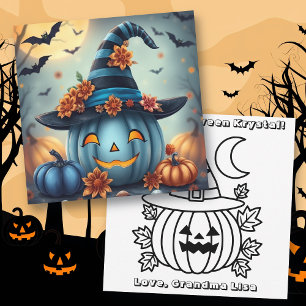 Blauer Halloween-Kürbis & Ausmalbild Personalisier Karte