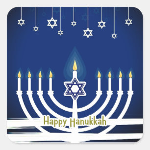 Blauer Happy Hanukkah Star Menorah Kerzenlicht Quadratischer Aufkleber