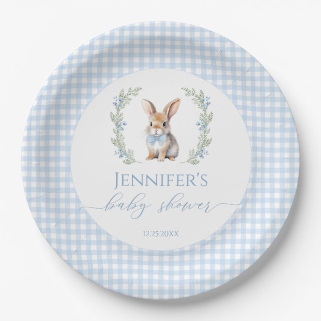 Blauer Hase Osterkaninchen Gingham Babydusche Pappteller (Vorderseite)
