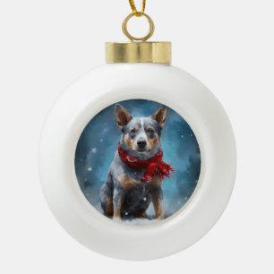 Blauer Heeler Hund im Schnee Weihnachten Keramik Kugel-Ornament