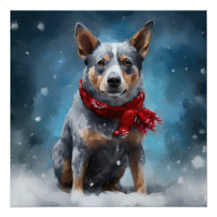 Blauer Heeler Hund im Schnee Weihnachten Poster