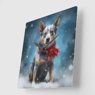 Blauer Heeler Hund im Schnee Weihnachten Quadratische Wanduhr